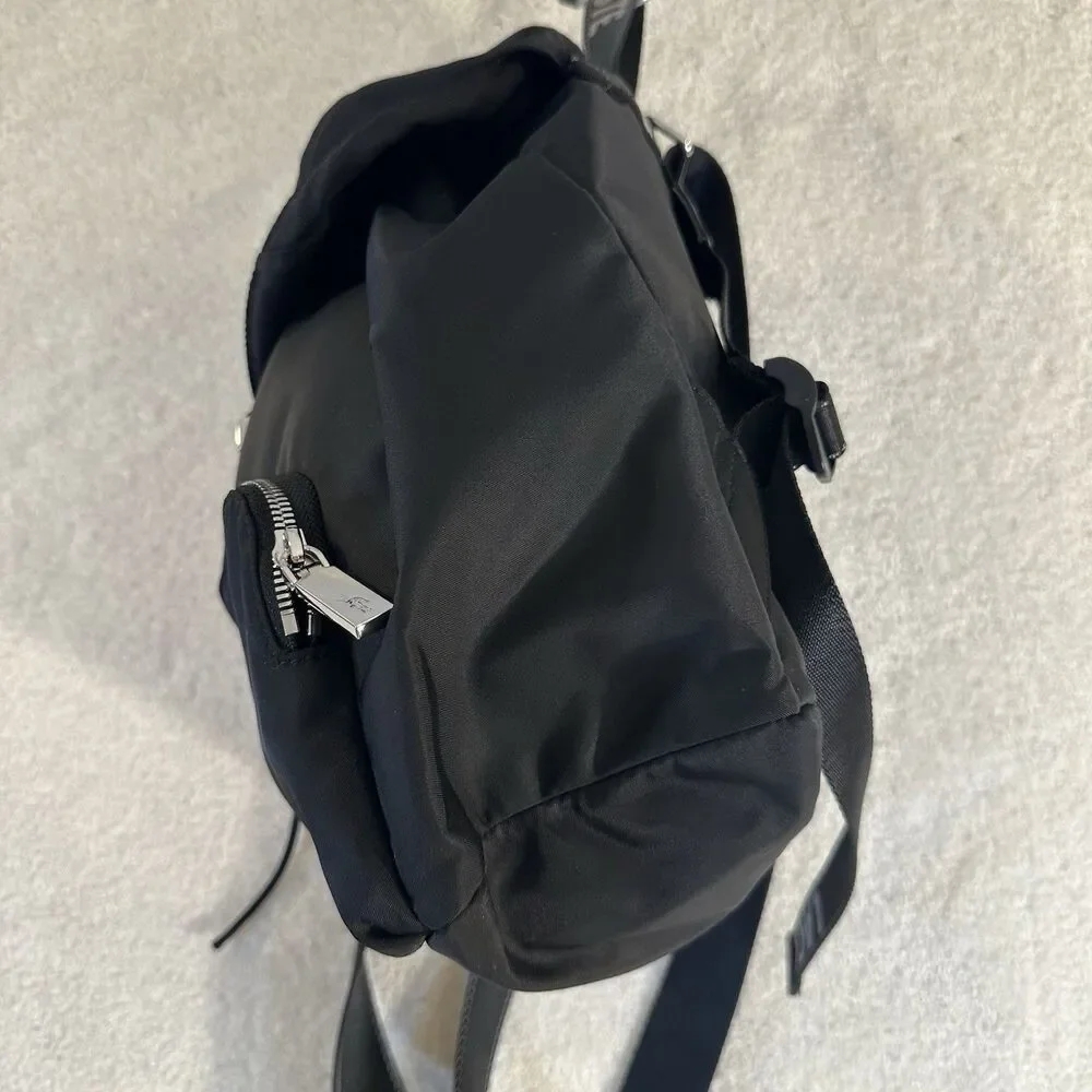 Lacoste Women's Solid Black Cinch Flap Nylon Bag Backpack